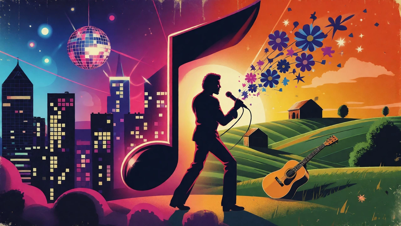 Visual metaphor blending city pop and rural country music landscapes.