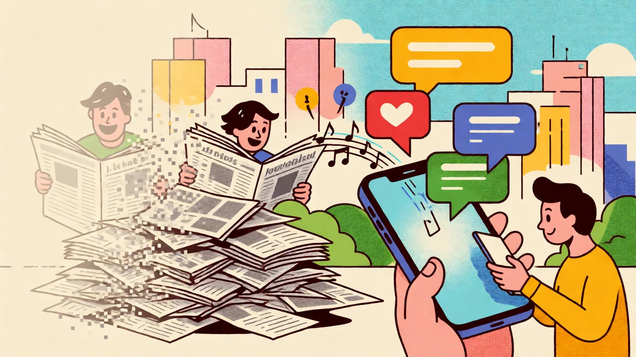 Visual metaphor of old newspapers transforming into digital notifications and social media icons.