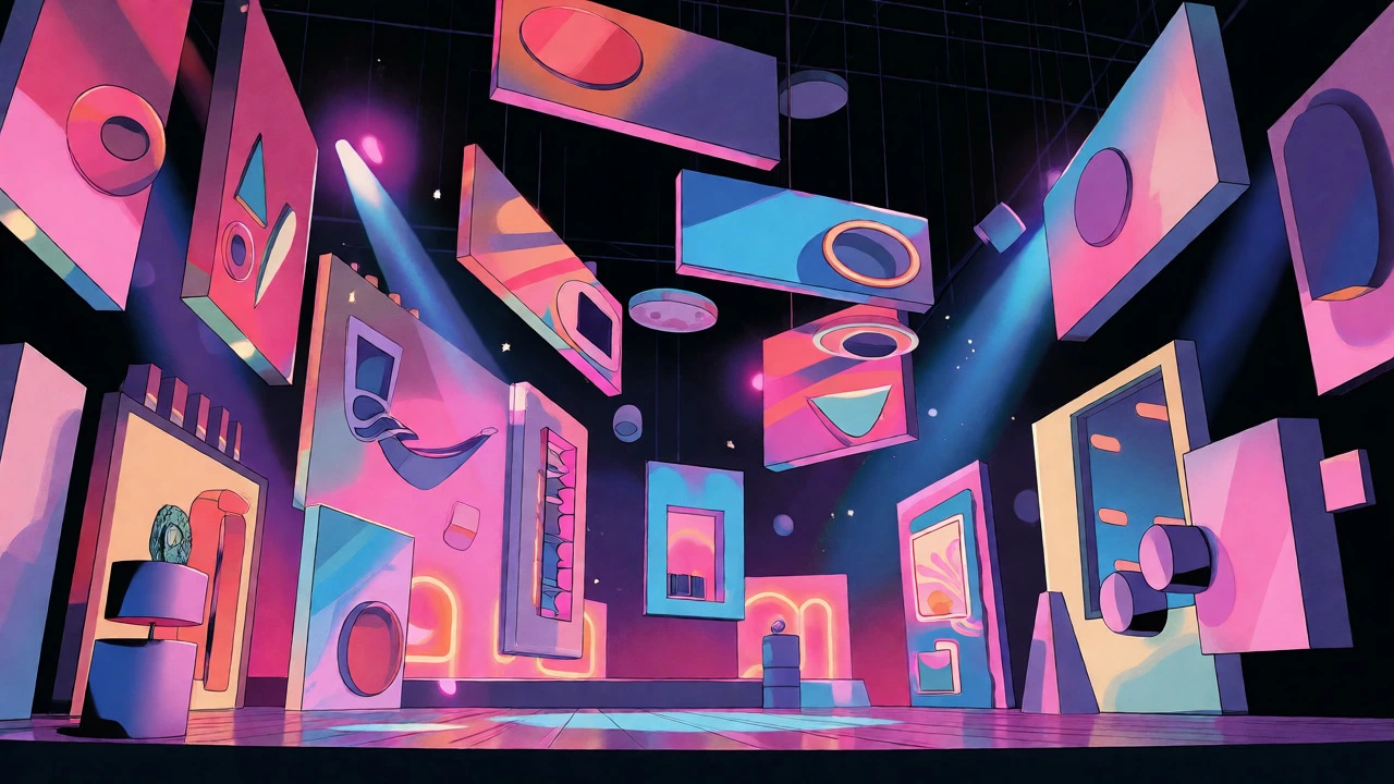 Whimsical illustration of floating pastel stage panels creating a surreal dream-like concert atmosphere.