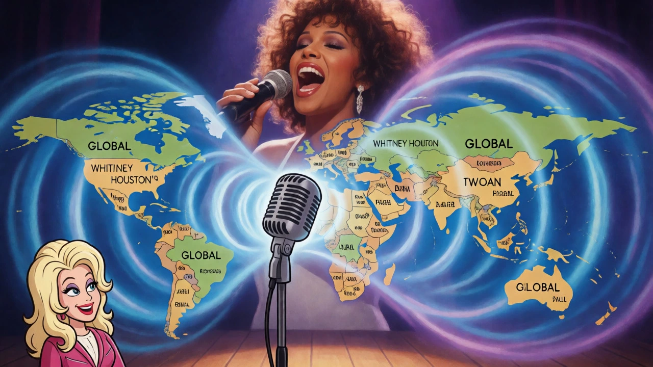 Whitney Houston's powerful vocals spreading globally, watched by Dolly Parton.