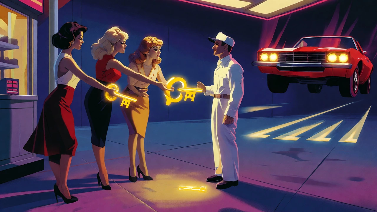 Women hand keys to a gas station attendant near a glowing red car.