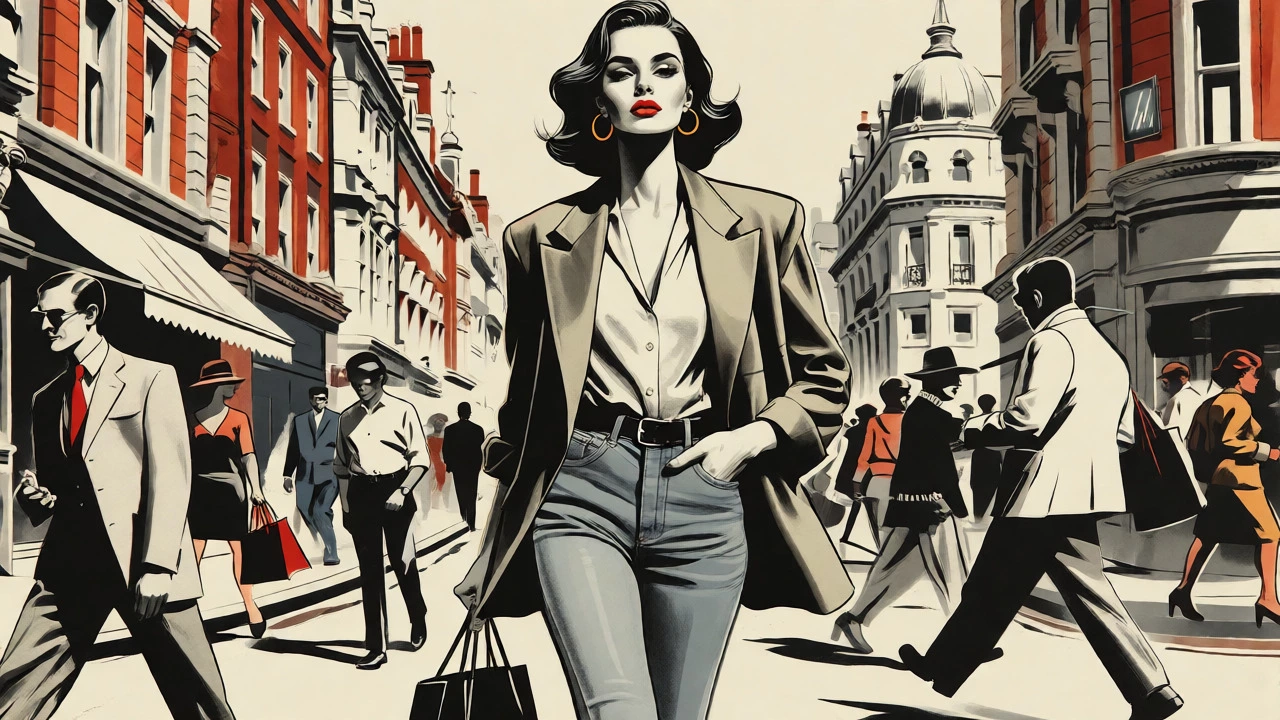 A chic woman in a blazer and jeans walks confidently past rushing crowds in a city street.