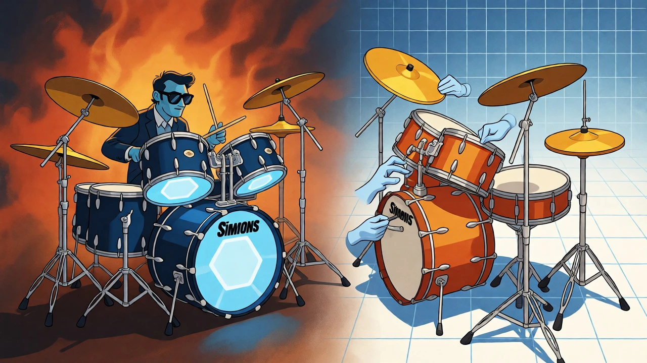 A drummer plays a hexagonal electronic kit next to a conceptual blend of acoustic drums.