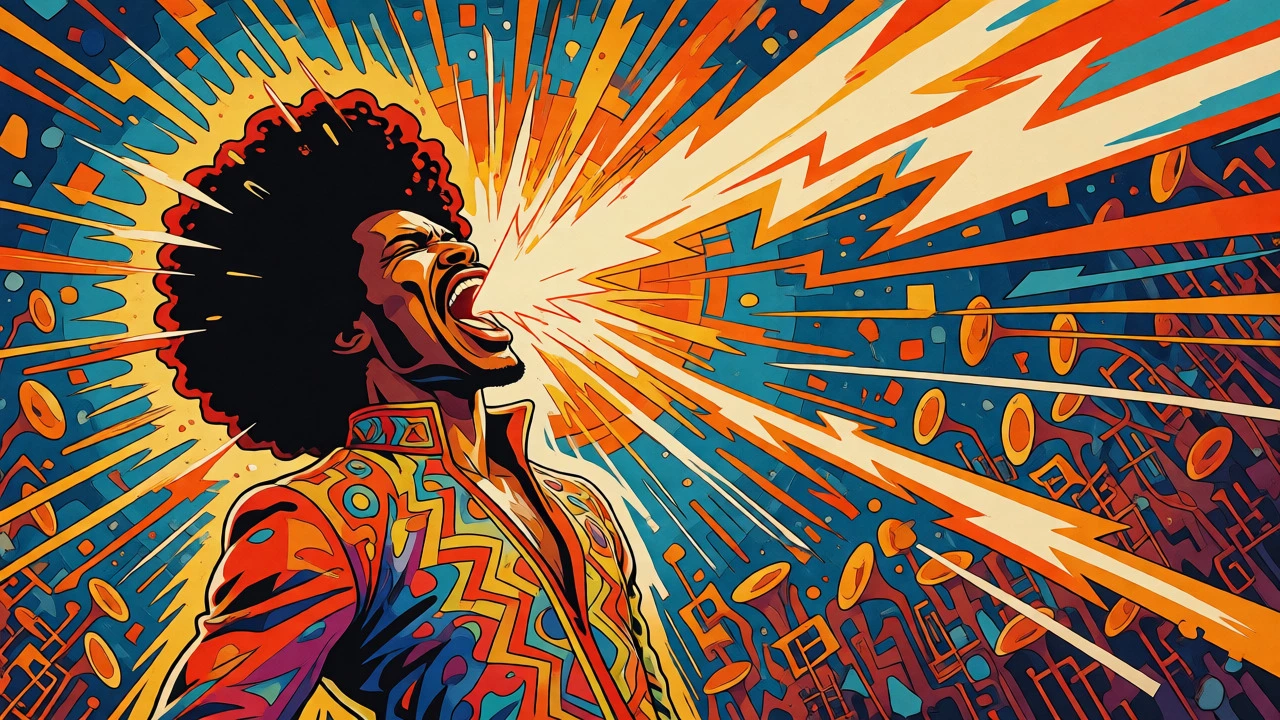 A dynamic cartoon of a powerful vocalist emitting energy beams, symbolizing a strong falsetto performance.