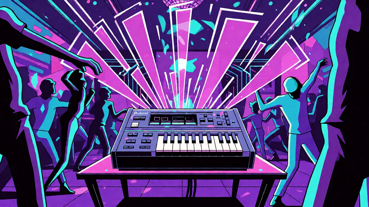 A glowing drum machine pulses with neon sound waves in a lively 1980s club setting.