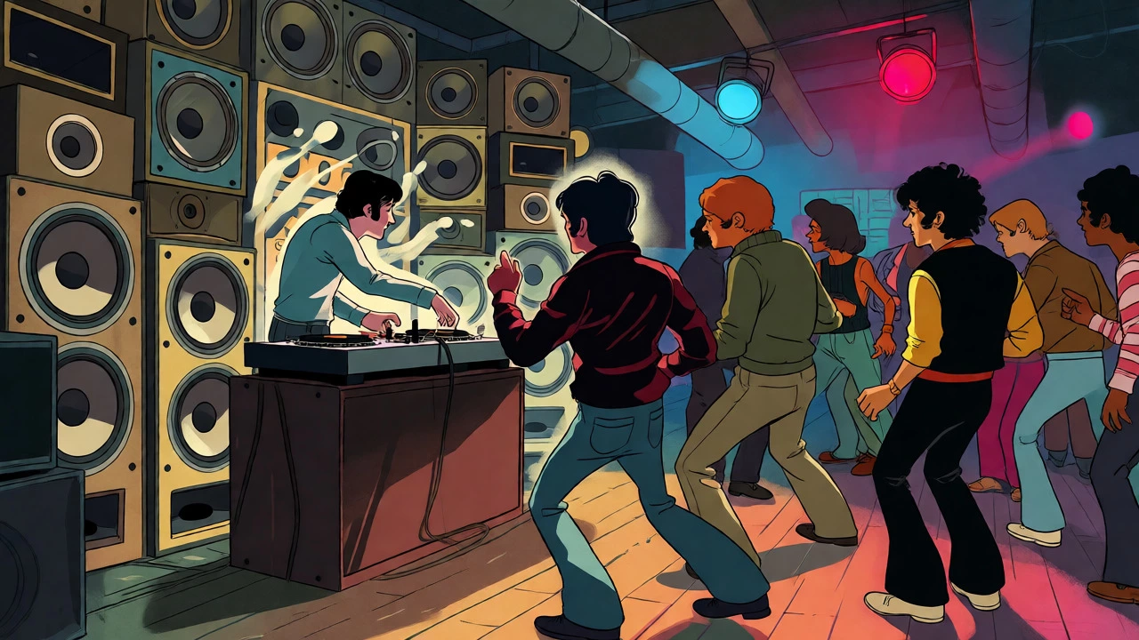 A vibrant 1970s London sound system party with dancers and large speakers.
