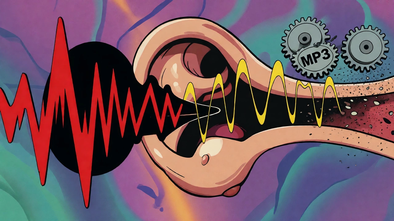 Abstract cartoon showing loud sounds masking quiet ones in an ear