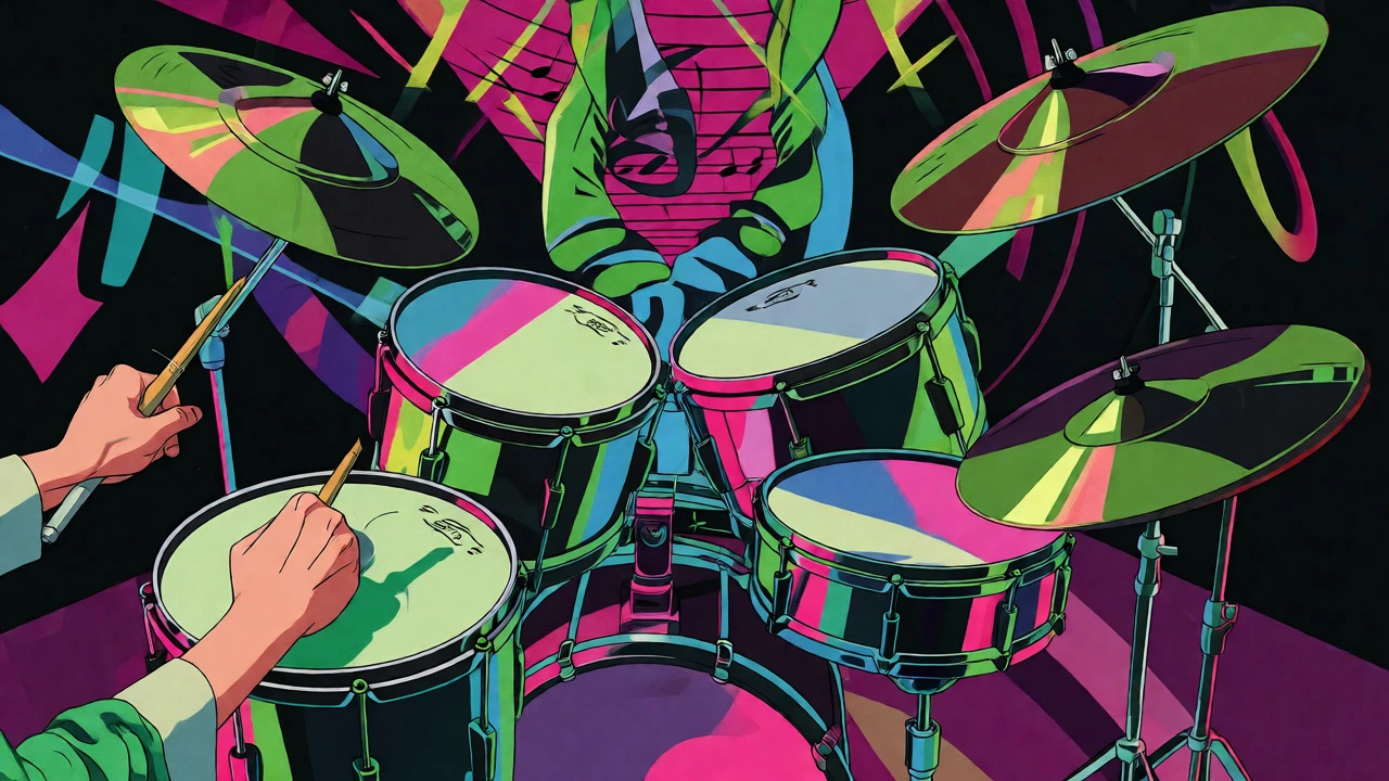 Abstract depiction of a drummer mixing Latin percussion and electronic beats, 1970s cartoon style.