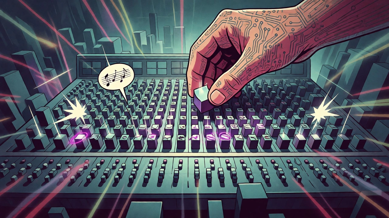 Abstract view of a producer arranging digital sound blocks on a mixing console like city buildings.