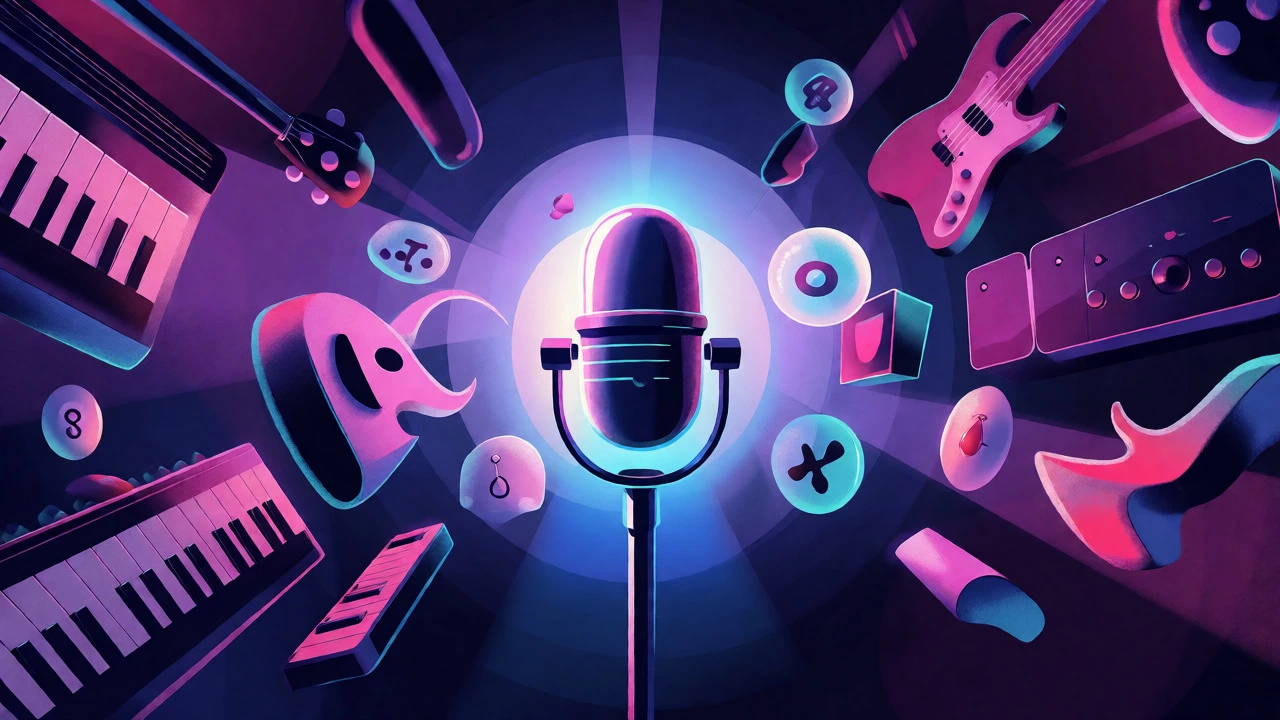 Abstract visualization of vocal presence with instruments moving away from a central mic.