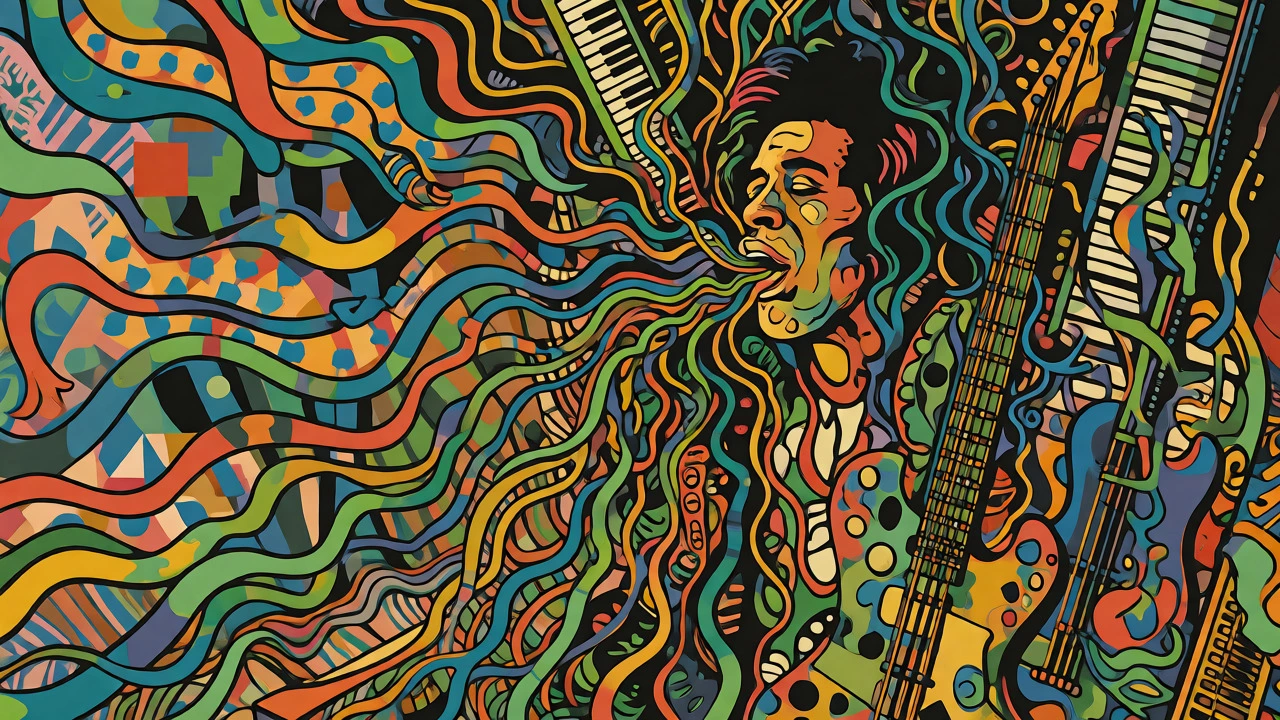 Abstract visualization of vocals weaving through layered instruments