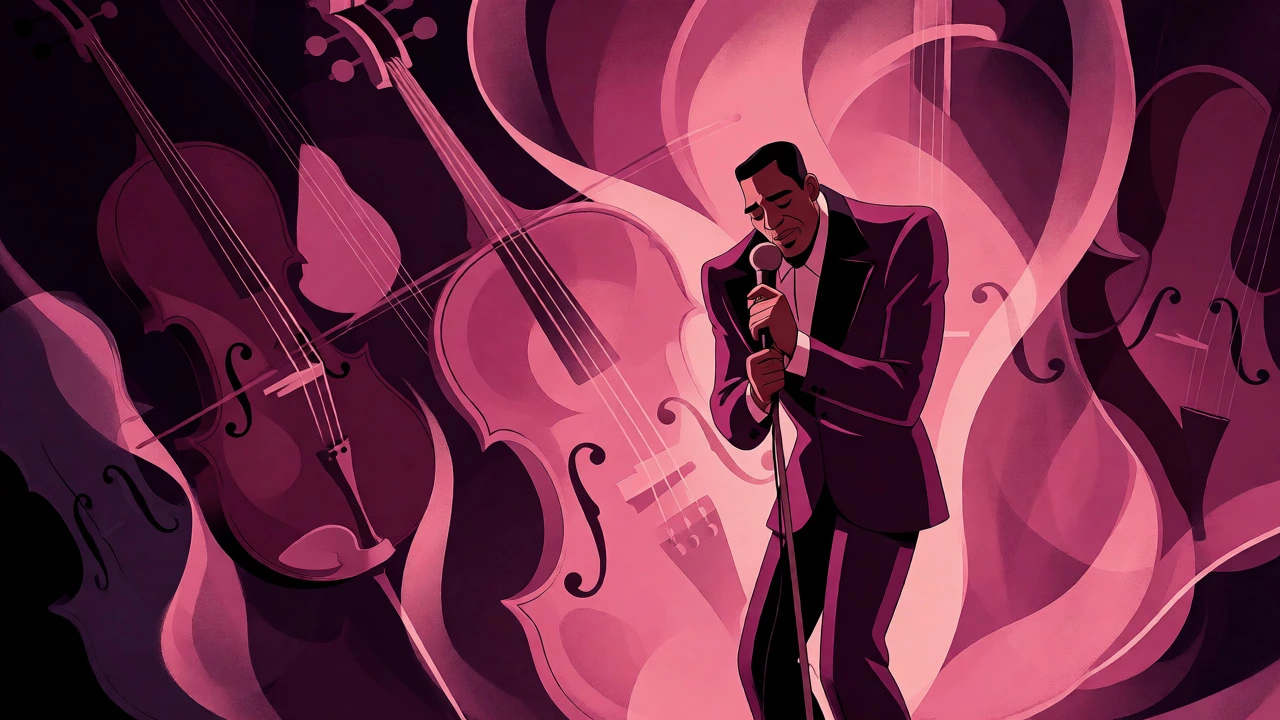 An illustrated scene of a romantic soul singer on stage, surrounded by flowing strings and soft purple lighting.