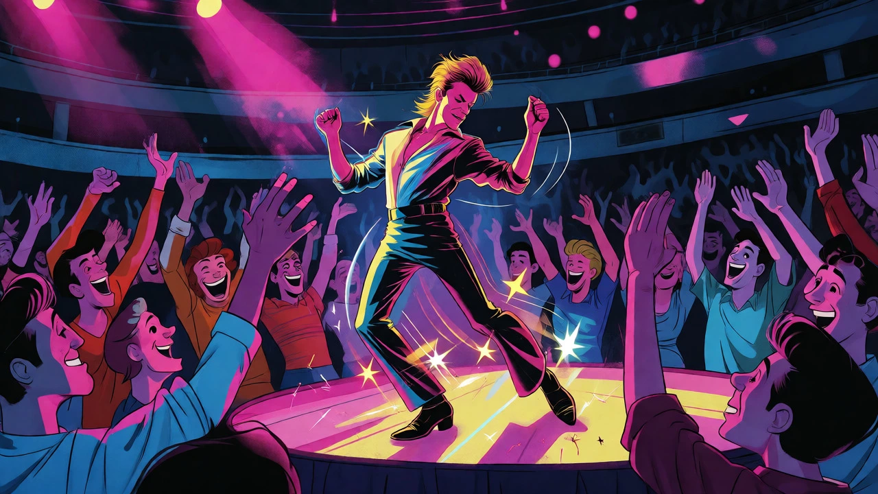 Animated David Bowie dancing energetically before a stadium audience