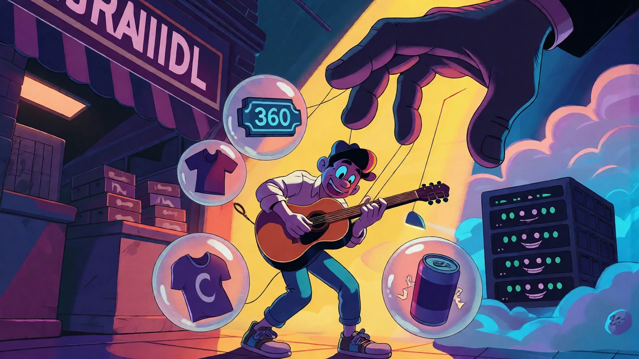 Artist surrounded by merchandise icons controlled by a corporate hand