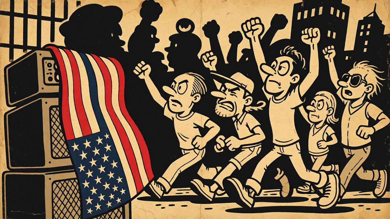 Band marching with upside-down flag and protest imagery in retro cartoon style.
