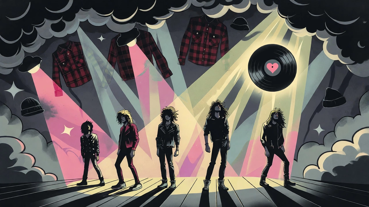 Band on stage facing looming grunge clouds, vintage cartoon art.