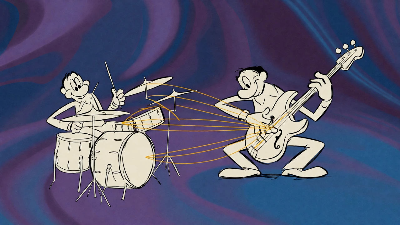 Bassist and drummer locked in sync with golden rhythm threads.