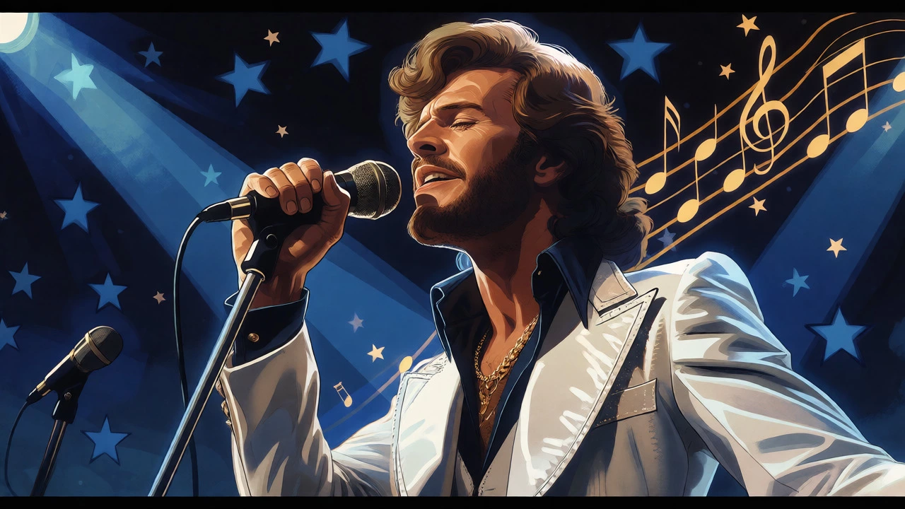 Bee Gees-style singers performing under stage lights in vintage cartoon style.