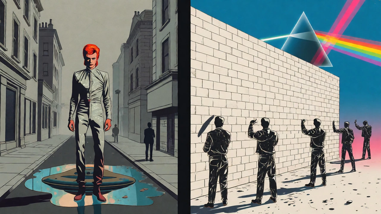 Bowie on street and Pink Floyd's wall in cartoon style