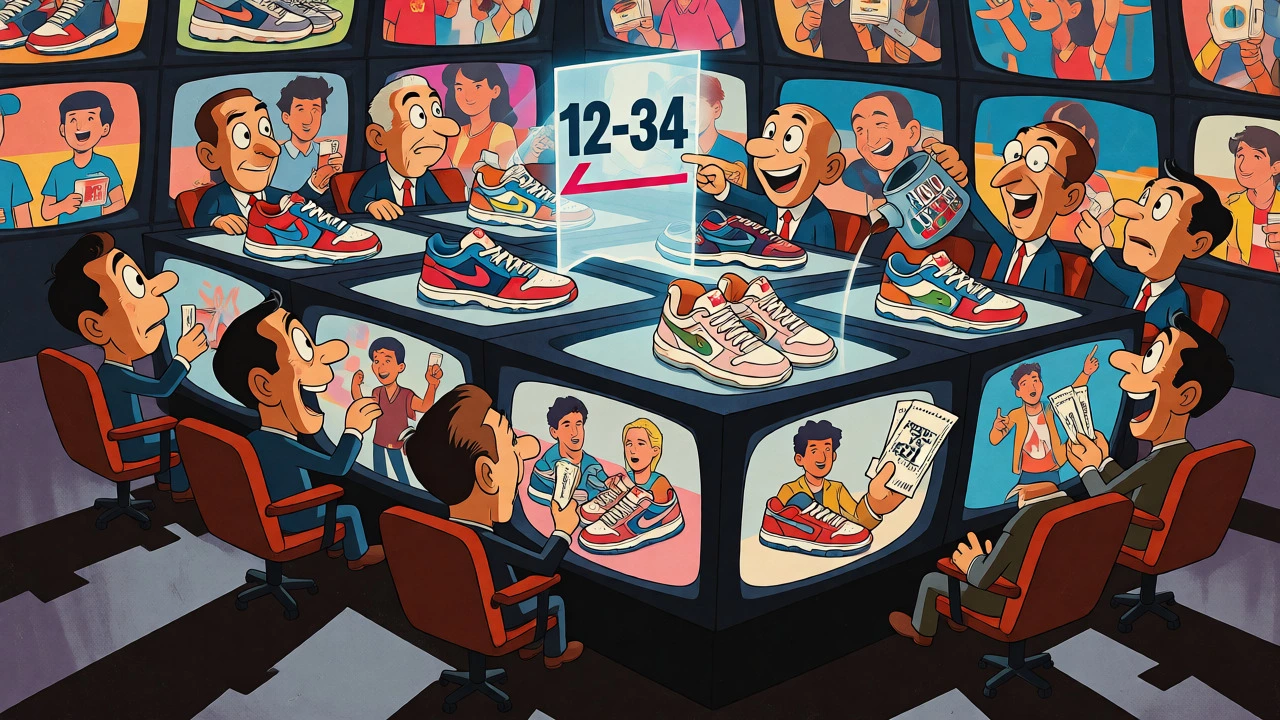 Caricatured executives analyzing teen demographics in a TV-themed boardroom