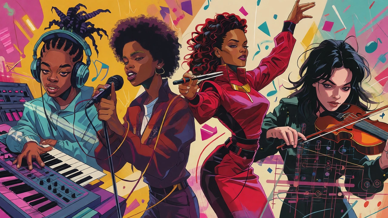 Cartoon collage of Missy Elliott, Lauryn Hill, Janet Jackson, and Björk producing music.