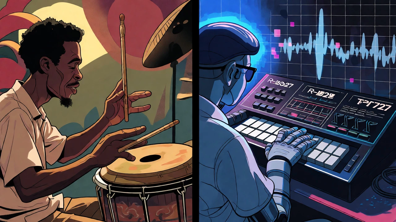 Cartoon comparison of live Cuban drummers versus a Roland TR-727 drum machine.