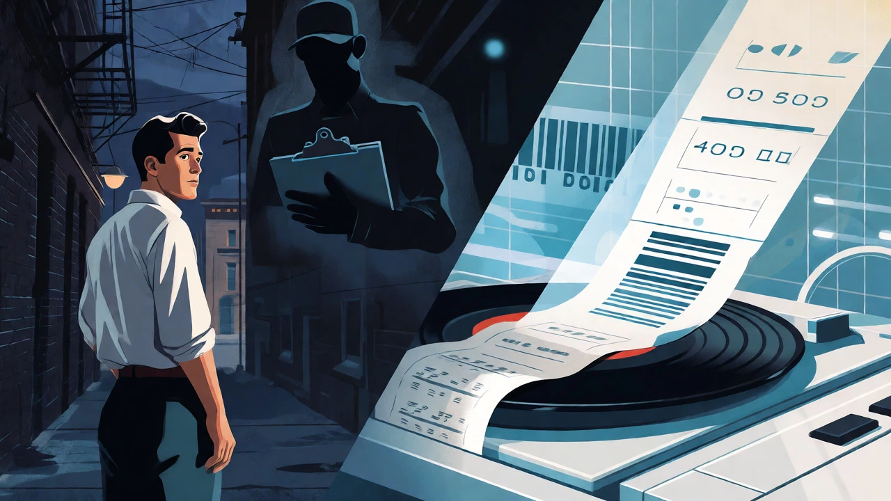 Cartoon contrasting a noir alleyway scene with a modern barcode scanner technology.
