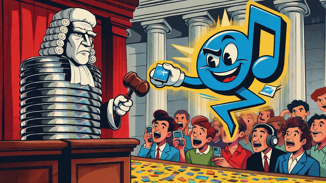 Cartoon courtroom battle between a CD figure and an MP3 character