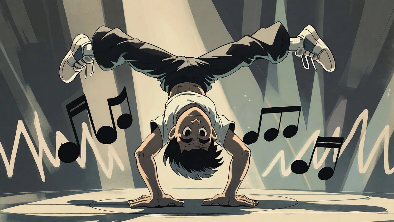 Cartoon depiction of a b-boy holding a dramatic freeze pose in motion