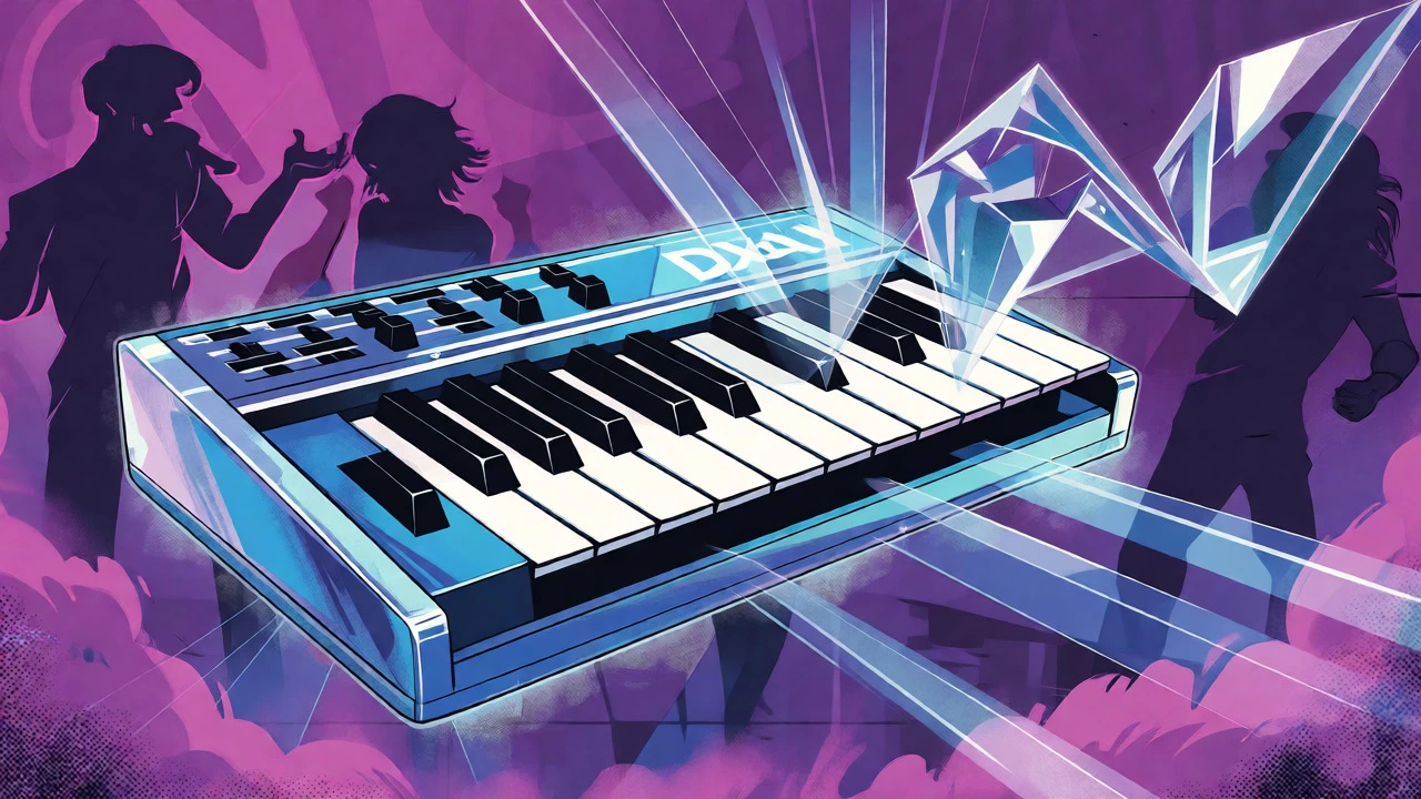 Cartoon depiction of a Yamaha DX7 emitting laser-like FM sounds