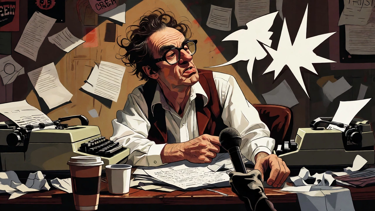 Cartoon depiction of critic Lester Bangs in a chaotic, paper-filled office