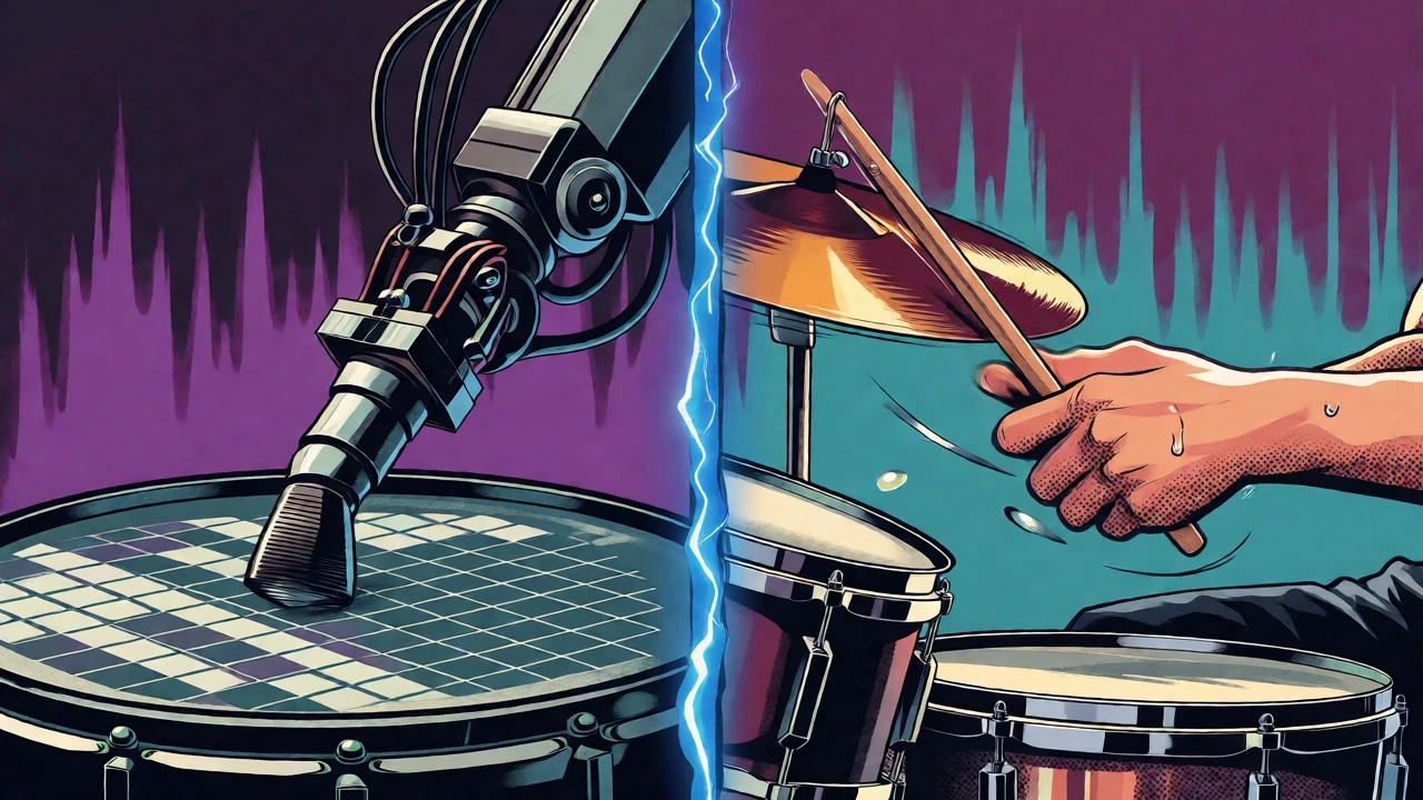 Cartoon depiction of robot arm and human drummer syncing rhythms