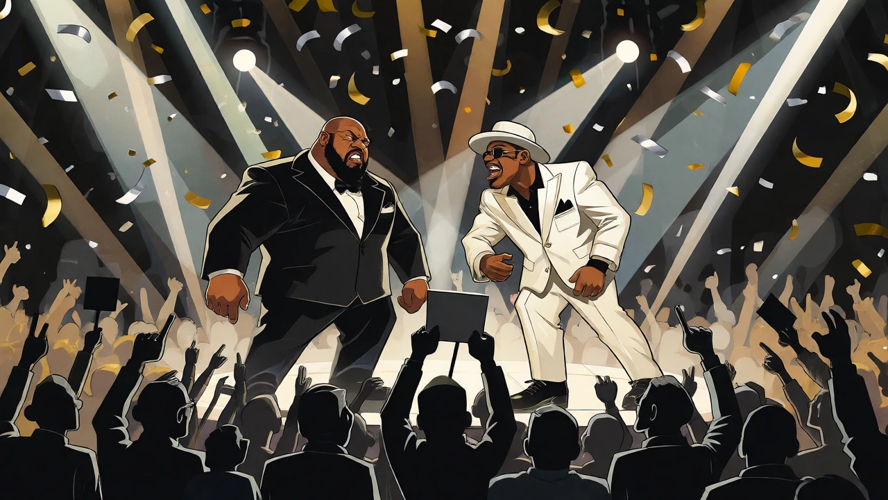 Cartoon depiction of two music executives confronting each other on an awards show stage.
