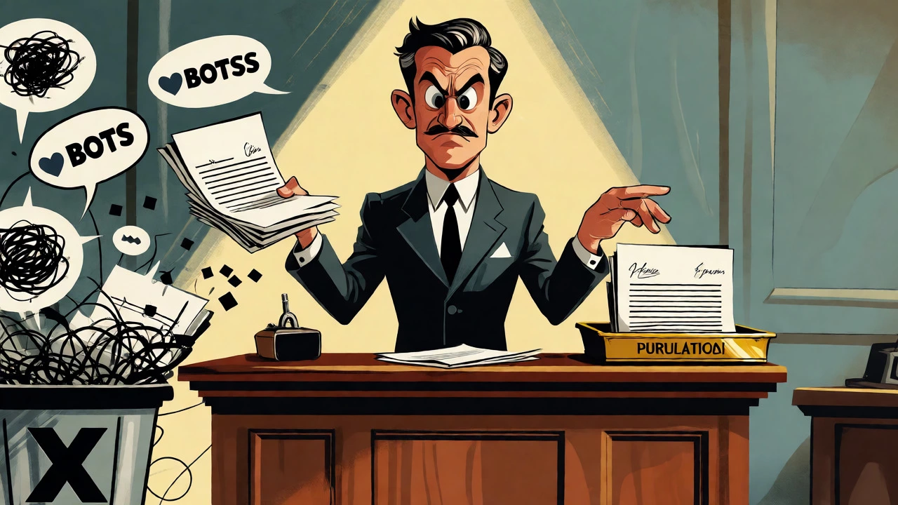 Cartoon editor sorting curated letters while discarding chaotic social media comments.