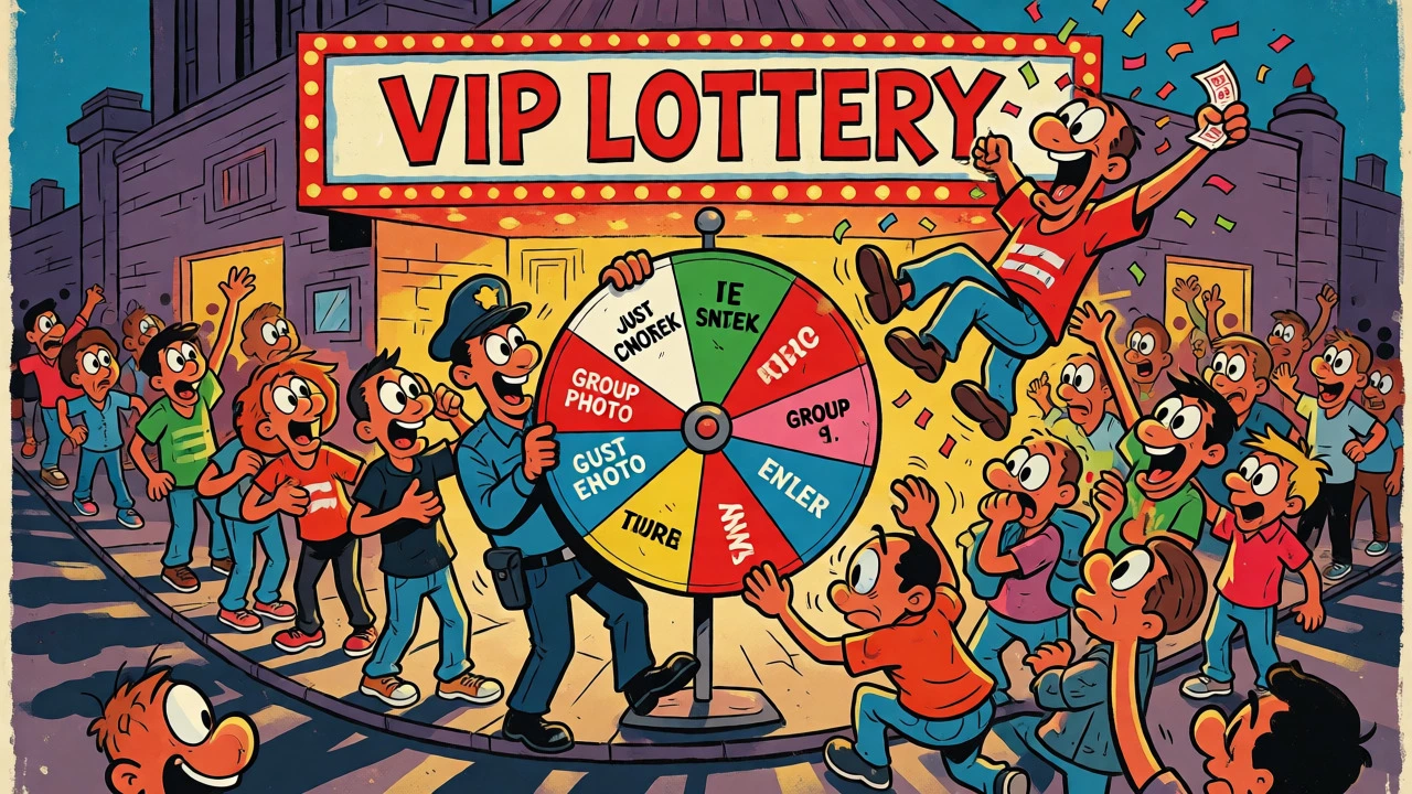 Cartoon fans waiting in line for a concert VIP lottery with a spinning prize wheel outside a venue.