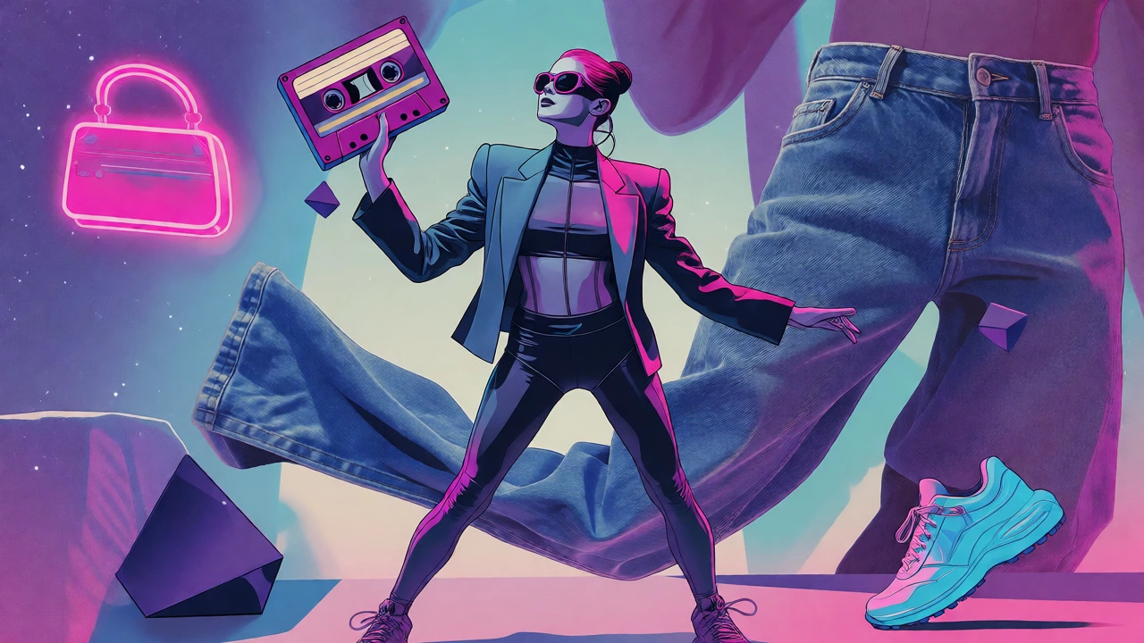 Cartoon figure mixing aerobics wear with tailored blazer