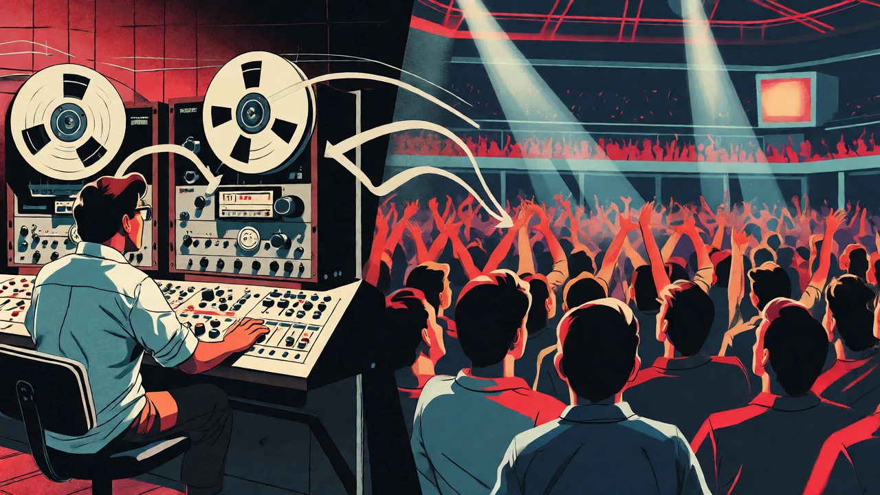 Cartoon illustration of 1980s video editing leading to a cheering crowd
