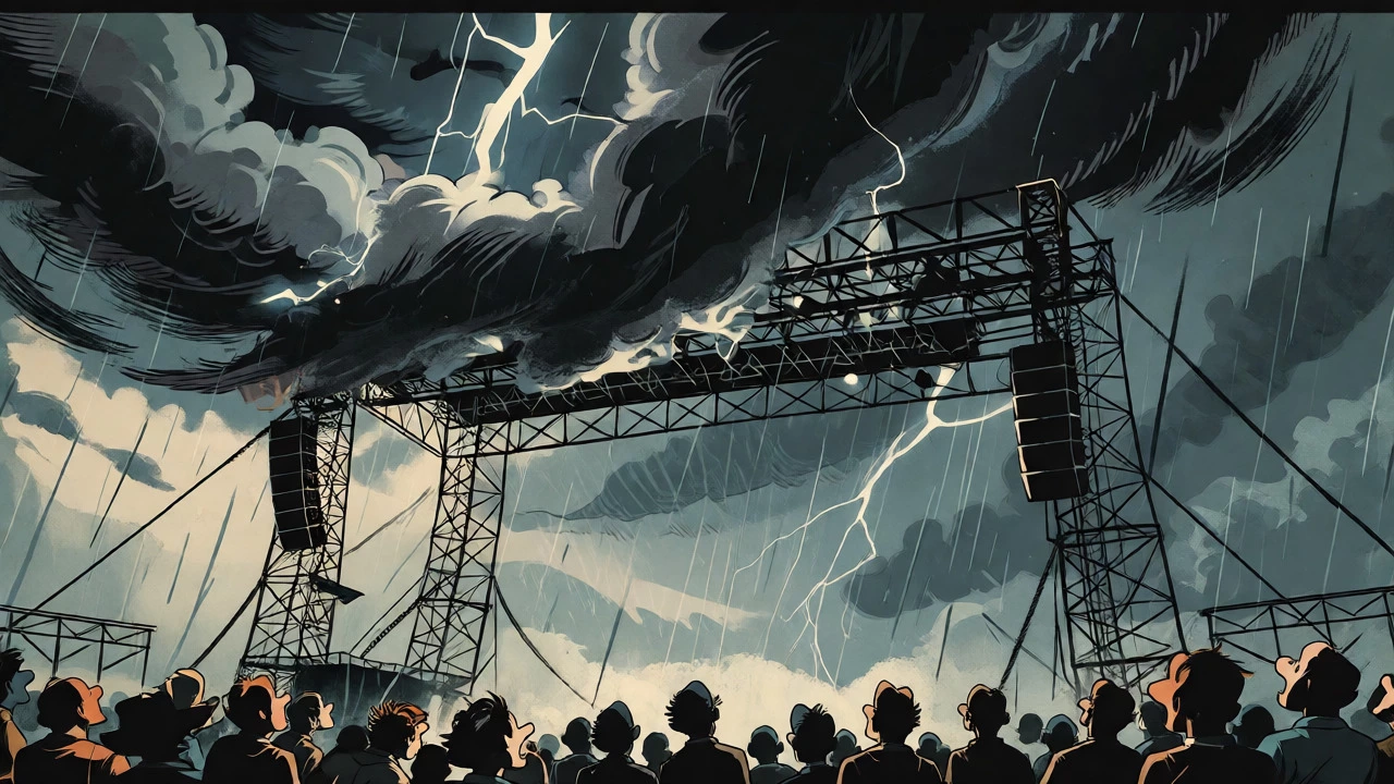 Cartoon illustration of a stage bending under storm winds and lightning
