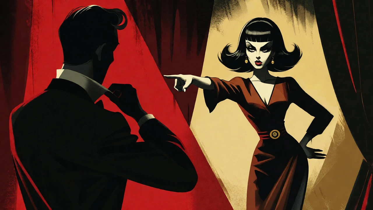 Cartoon illustration of a woman judging a vain man in a spotlight