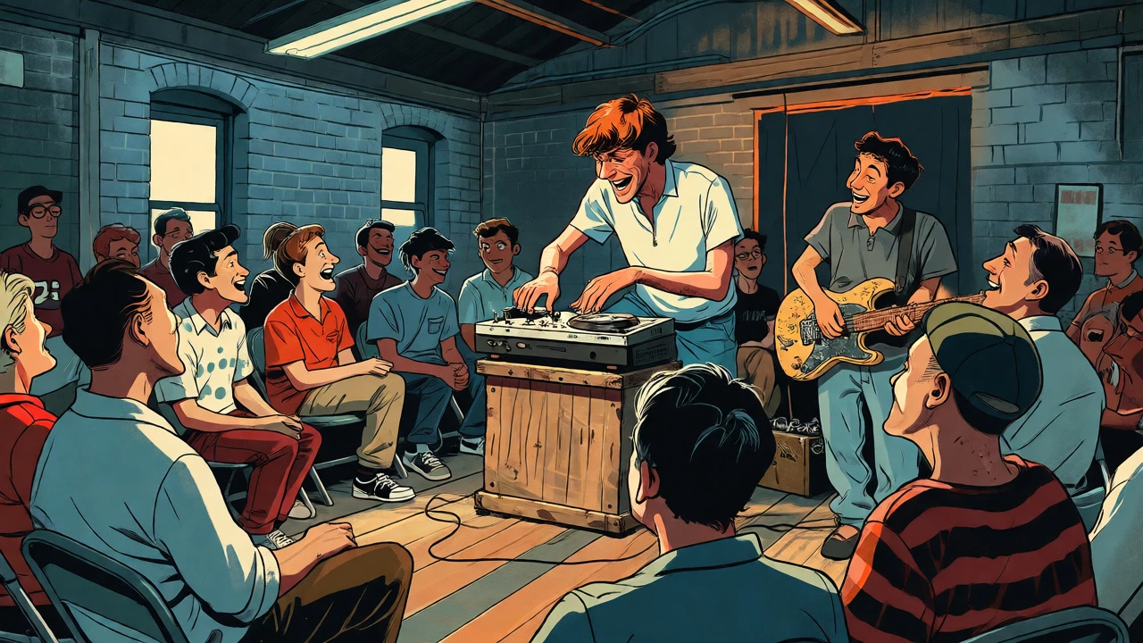 Cartoon illustration of an indie band performing in a cramped community hall
