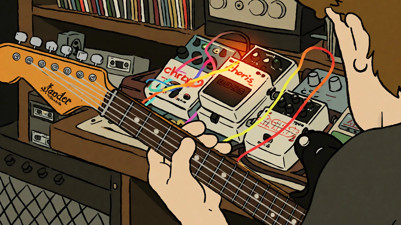 Cartoon illustration of hands playing a Jazzmaster connected to glowing chorus pedals.