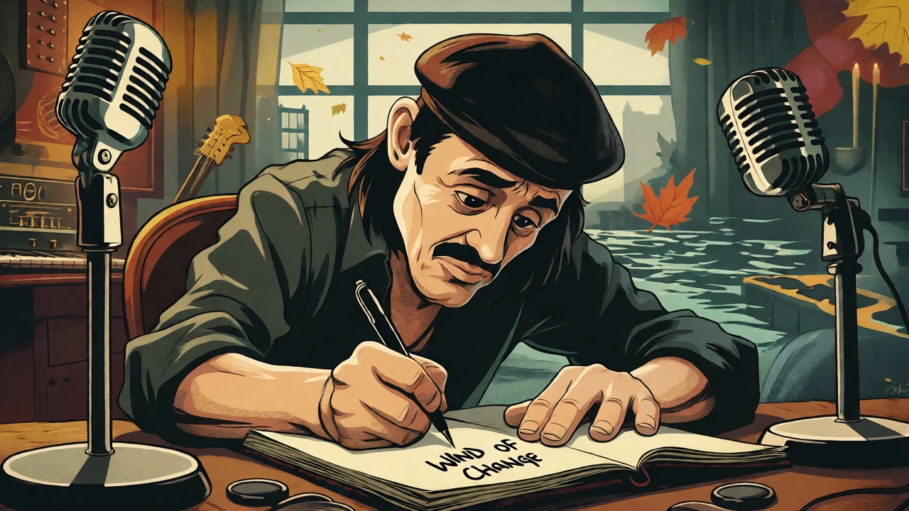 Cartoon illustration of Klaus Meine composing Wind of Change with nostalgic imagery.