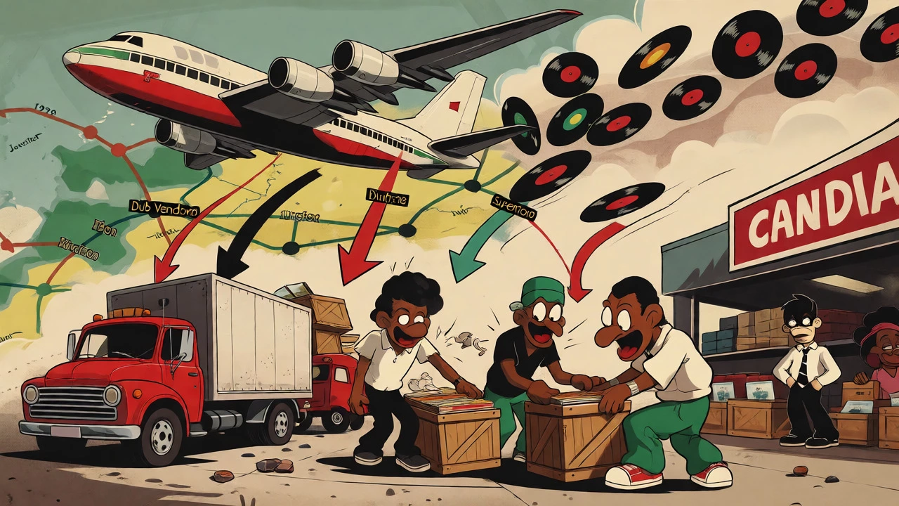 Cartoon illustration of planes delivering reggae records quickly from Jamaica to UK indie shops.