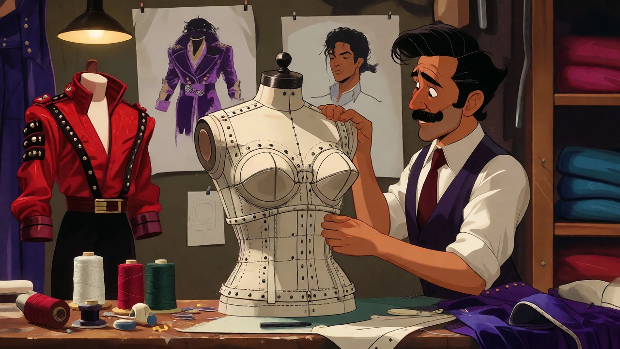 Cartoon of a designer crafting an 80s stage costume in a workshop.