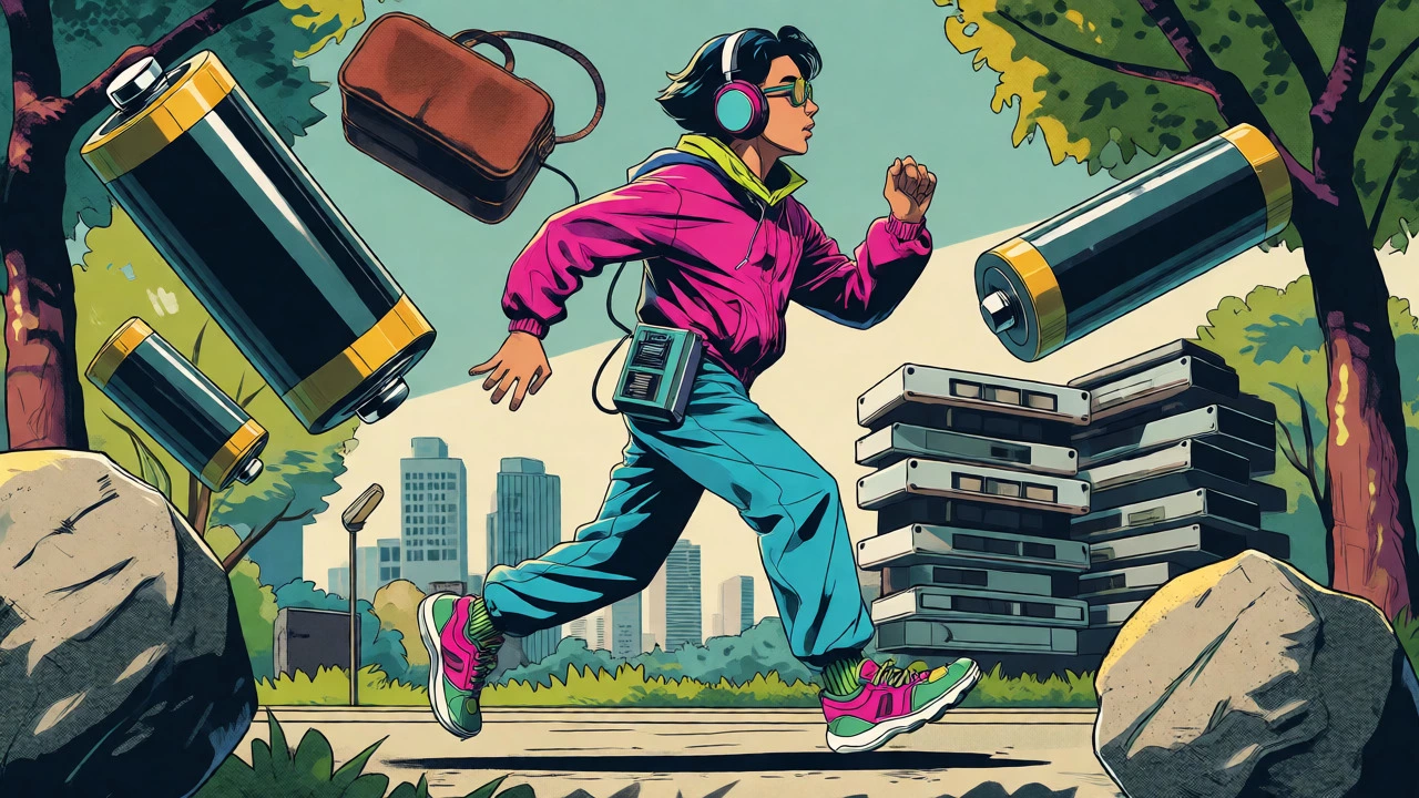 Cartoon of a jogger using a Walkman amidst oversized batteries and cassette tapes.
