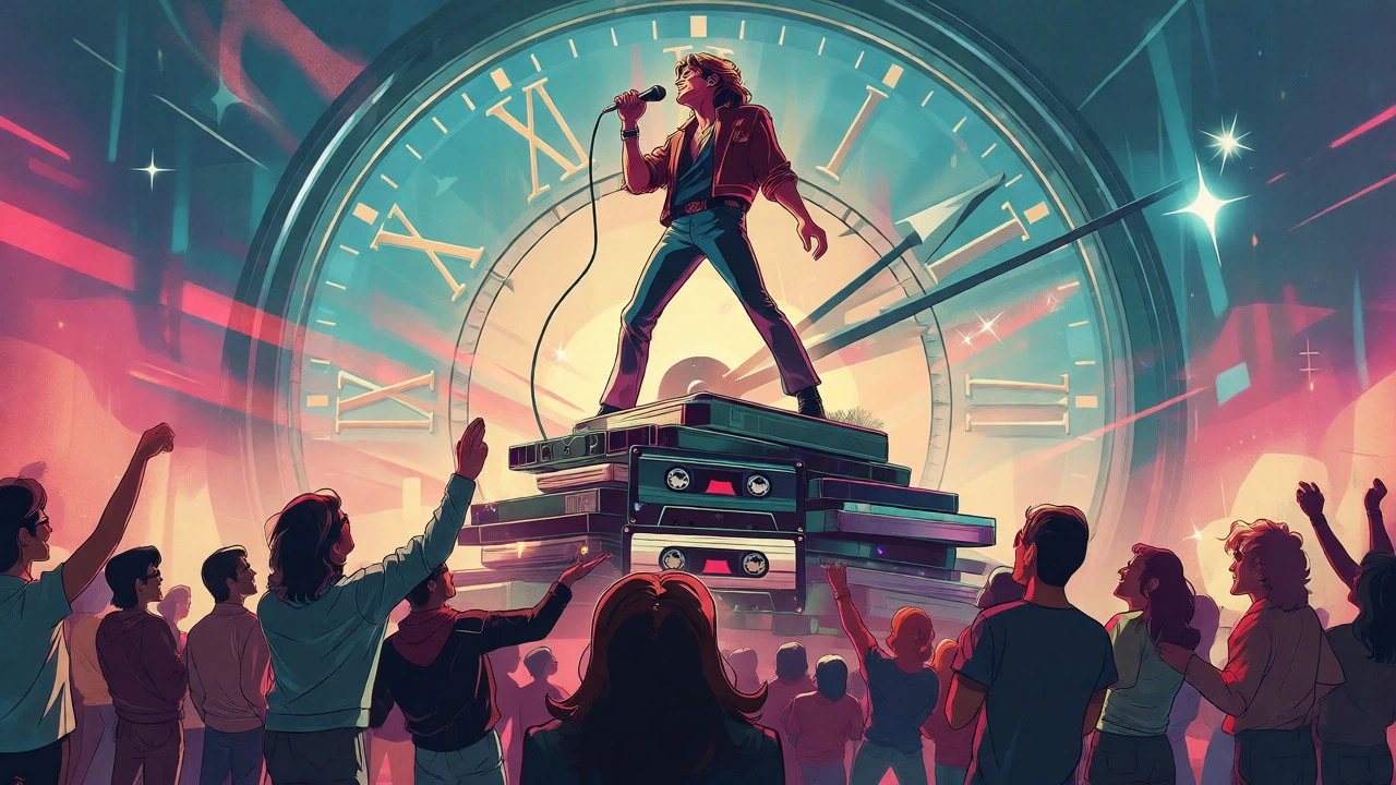 Cartoon of a singer on a pile of albums with fans cheering below.