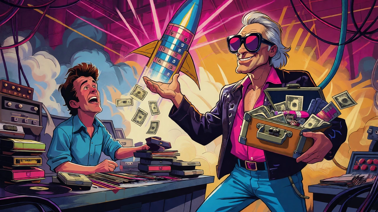 Cartoon of an independent promoter offering cash and gifts to a radio programmer.