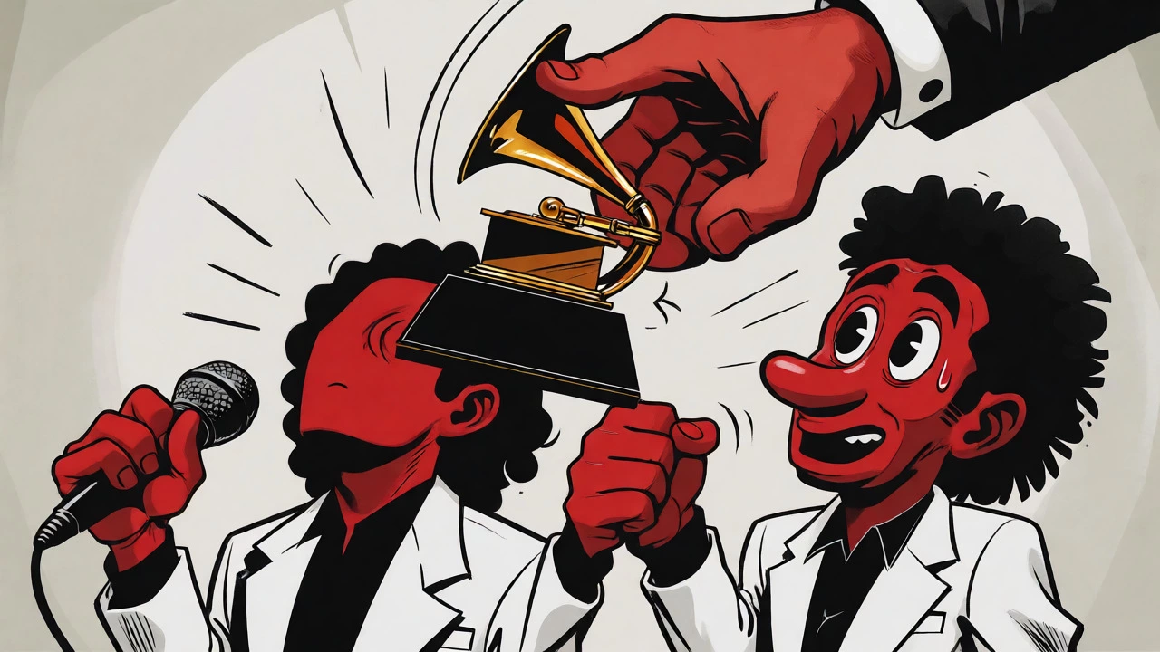 Cartoon of Milli Vanilli losing their Grammy due to lip-sync scandal