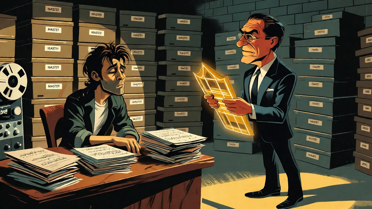 Cartoon of musician facing label exec over contract