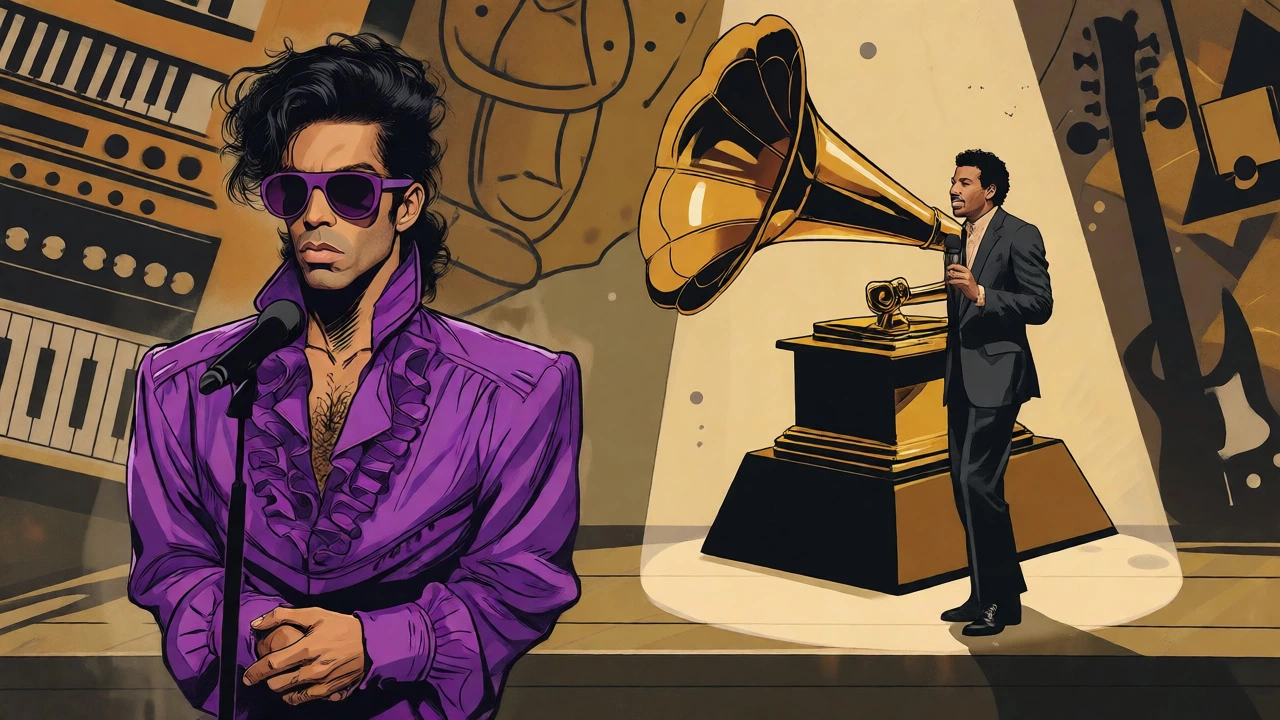 Cartoon of Prince watching Lionel Richie win Album of the Year